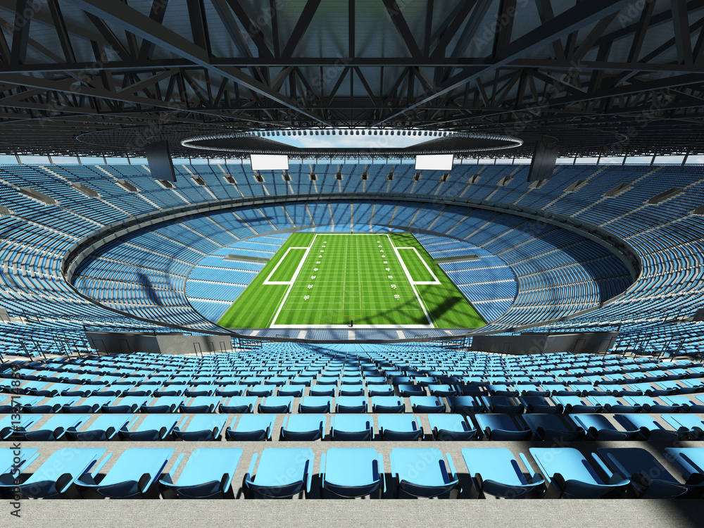Fototapeta premium 3D render of a round football stadium with sky blue seats and VIP boxes