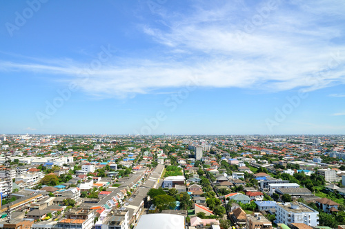 Cityscape bird eye view with blue sky, Bangkok Thailand.
