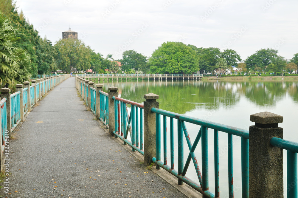 Long bridge beside lake with pine tree big tree in public park