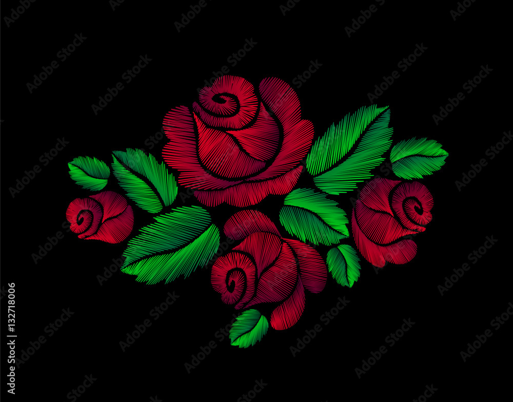 Red roses embroidery fashion hand drawn illustration flower vector ...