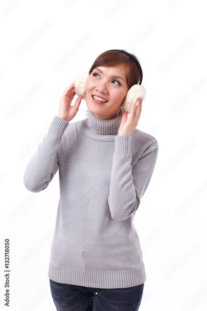 happy, smiling, positive asian woman looking up, in fall or wint happy, smiling, positive asian woman looking up, in fall or wint