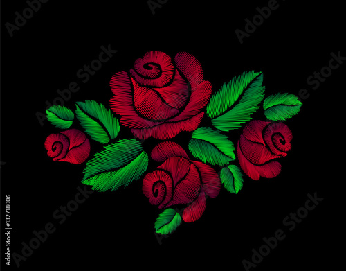 Red roses embroidery fashion hand drawn illustration flower vector