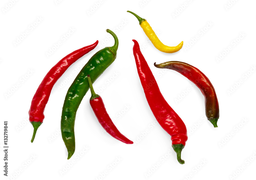 Green, yellow and red chili peppers isolated on white background