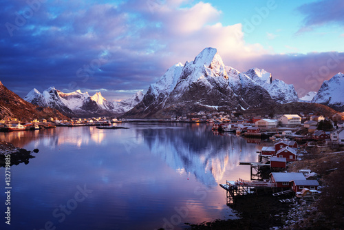 snow in Reine Village, Lofoten Islands, Norway