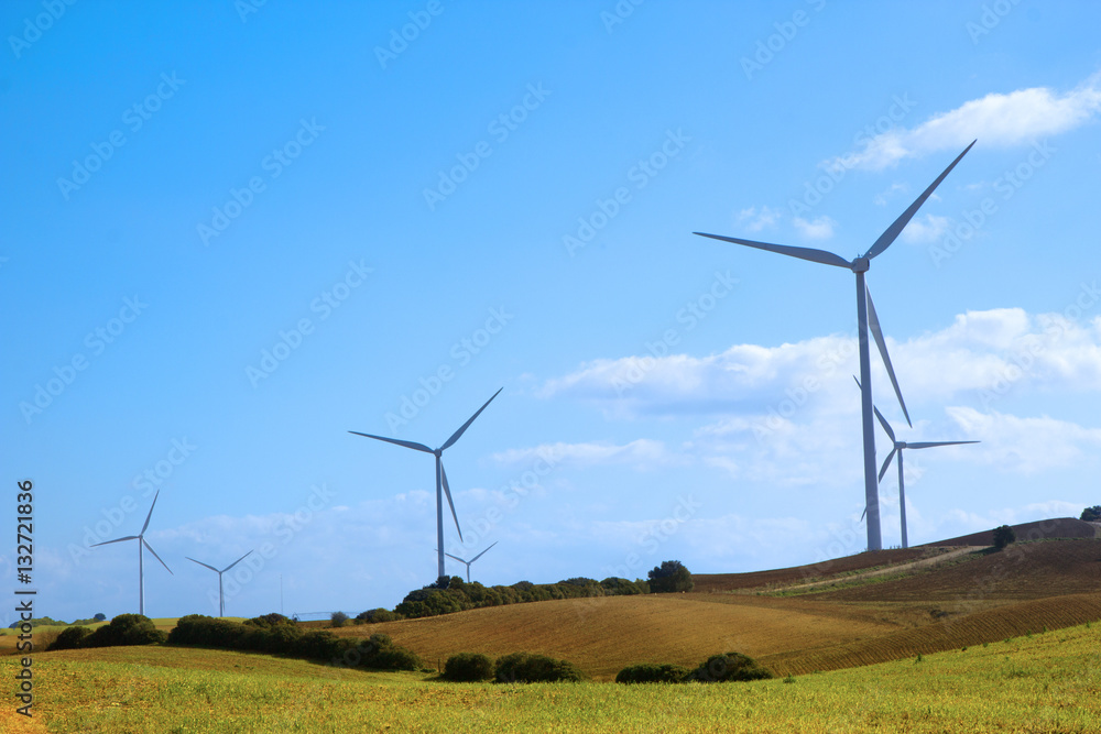 Wind turbines on the green hills of Andalusia at the midday Wind turbines on the green hills of Andalusia at the midday
