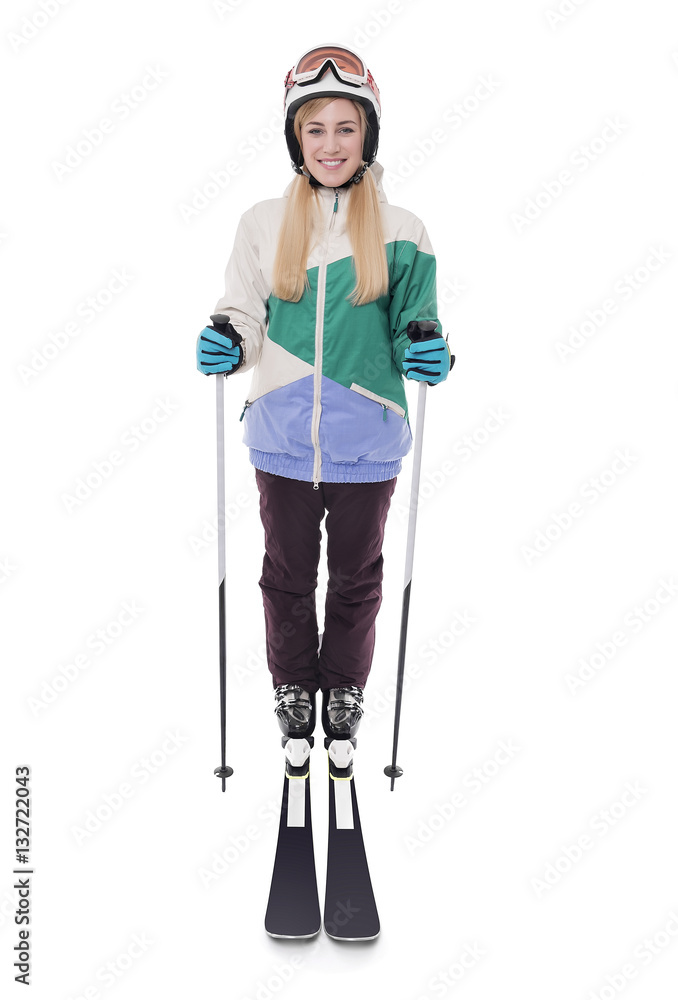 Attractive girl skier on white background. Attractive girl skier on white background.
