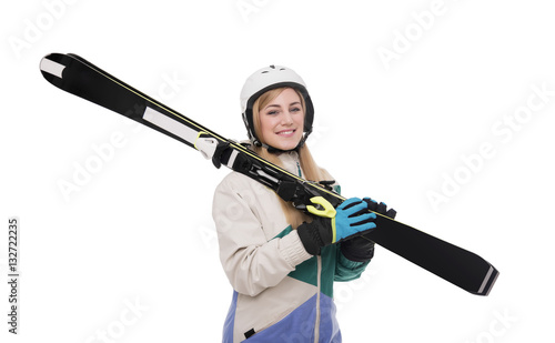 Attractive girl skier on white background.