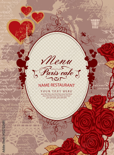 cover menu with a place for inscription to the Eiffel Tower and roses for Parisian street cafe