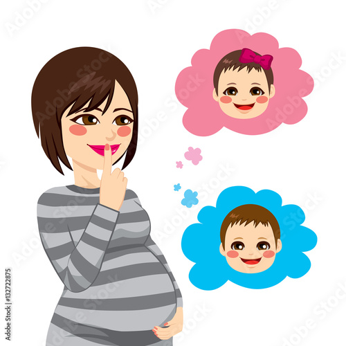 Beautiful Asian pregnant brunette woman wondering about the gender of her future baby