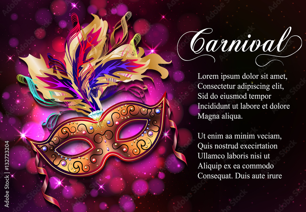 Carnival mask, colorful poster, template, flyer with place for t