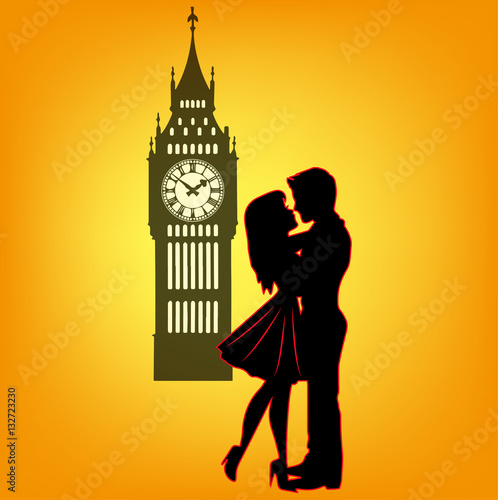 Vector illustration of lovers silhouette in London, silhouette innamorati vettoriali a Londra (sfondo separato)