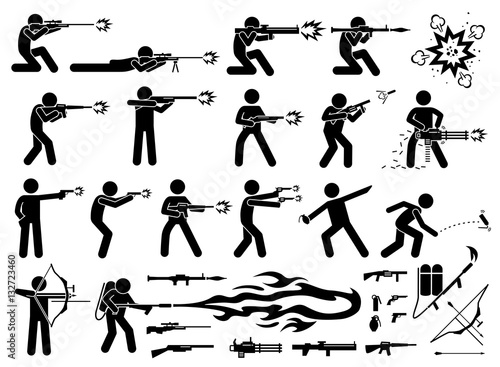 Man attacks with various weapons that includes sniper rifle, RPG, bazooka, M16 machine gun, shotgun, grenade launcher, chain machine gun, pistol, hand grenade, flash bomb, arrow bow, and flamethrower.