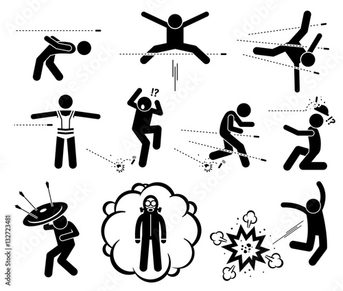People jumping and evading gun bullet and explosion bomb attack. Person saved by bulletproof vest, shield, helmet and running away from shooting. Man wearing gas mask to avoid poisonous or toxic gas.