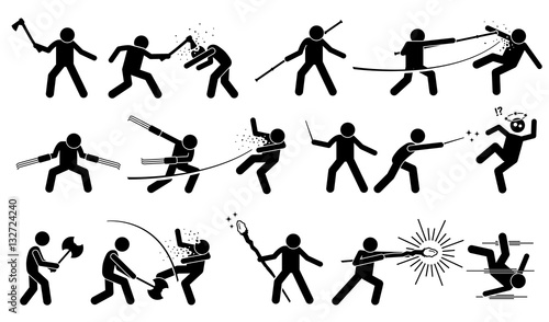 Man using medieval war weapons to attack and fight. Ancient traditional weapons are axes, staff, claw, magic wand, battle axes, and wizard staff. It also shows the victim being killed by the weapons.