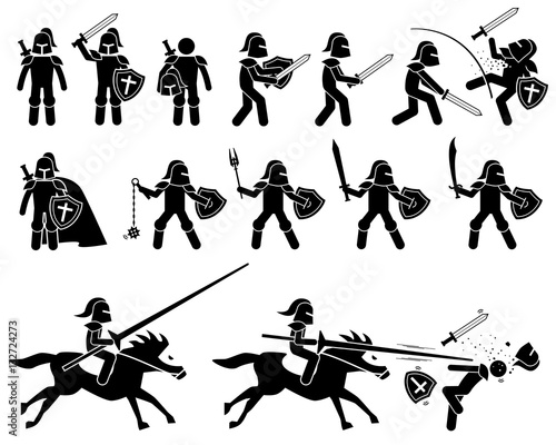 Knight templar from medieval and middle ages war. The knight with armor and helmet can use weapons sword, flail, mace, scimitar, shield, and lance to attack. Cavalry  riding horse with lance to kill.