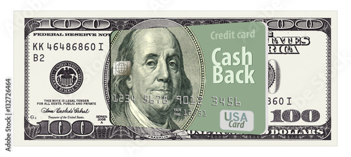 Cash Back Card. Ben Franklin from a one-hundred dollar bill decorates this mock, generic credit card that offers cash back to users.