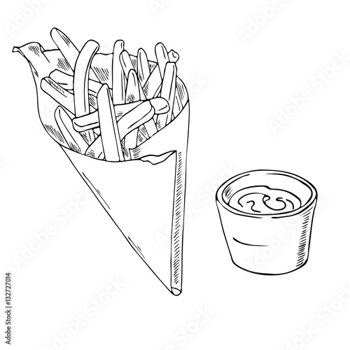 Pack of french fries with a bowl of sauce on white background. Hand drawn vector illustration.