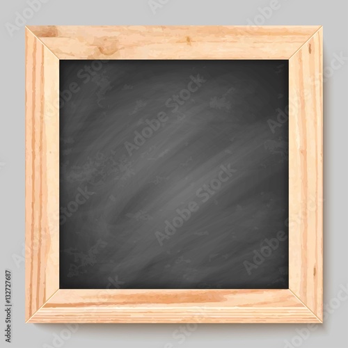 Realistic square black chalkboard background in rustic wooden frame, vector illustration.