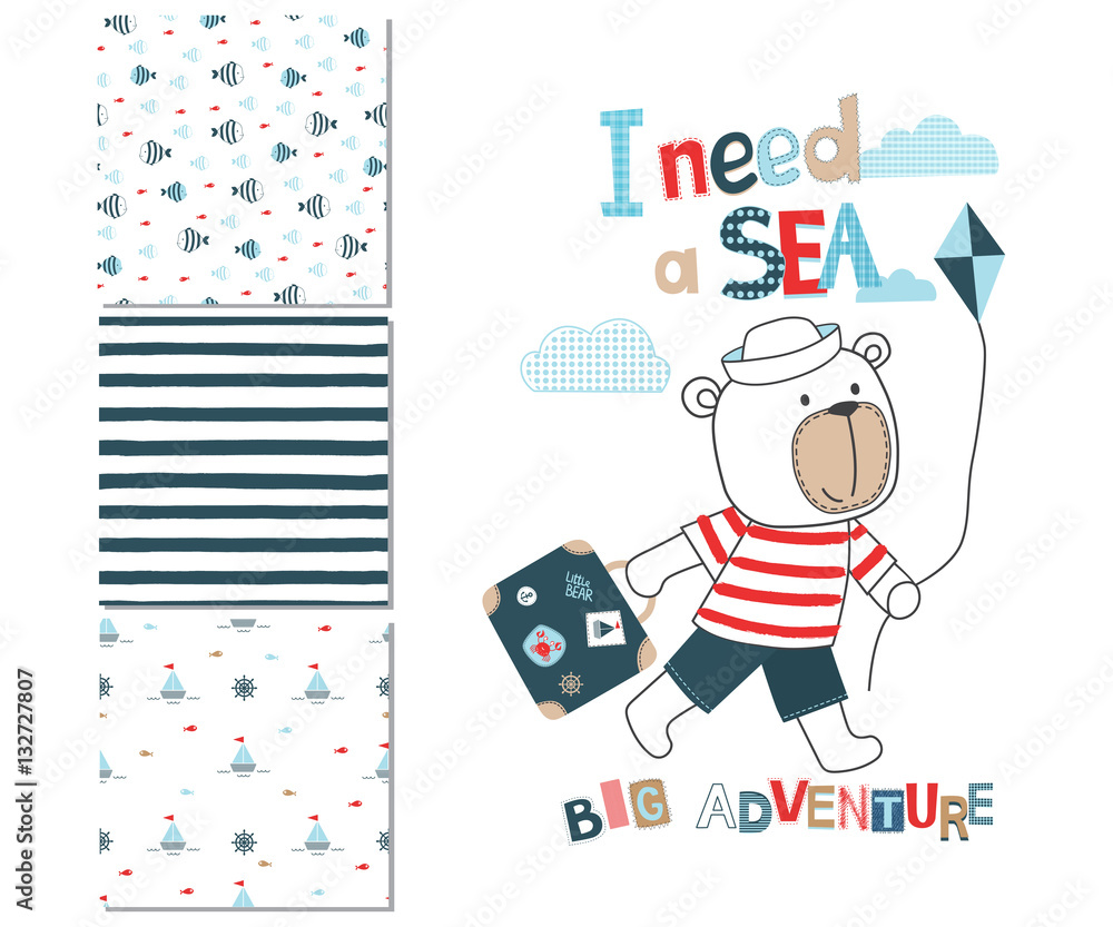 Naklejka premium Cute little bear with a suitcase and 3 seamless patterns