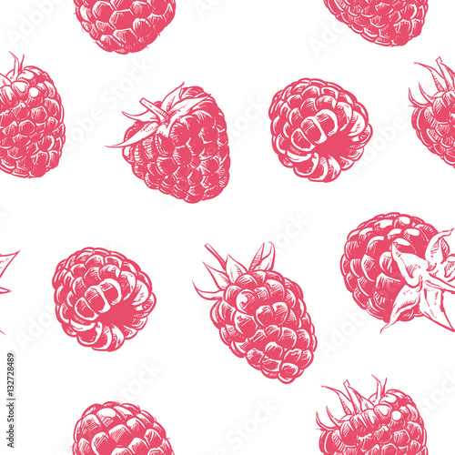 Raspberry pattern including seamless on white background. Hand d