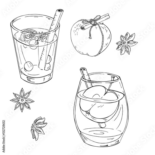 Set of winter cocktails. Mulled wine, apple cider, fresh apple, cinnamon stick and anise stars sketch. Hand drawn vector illustration.