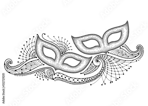 Vector drawing with two dotted carnival mask and outline decorative lace in black isolated on white background. Design for Mardi Gras party in contour style. Carnival elements for coloring book. 