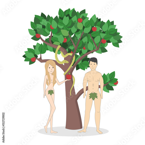 Adam and Eve near the apple tree with snake. Concept of biblical characters showing sin. Christianity.