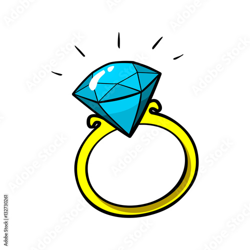 Vector illustration. Gold ring with a diamond. Cartoon funny sticker in  comic style with contour. Decoration for greeting cards, posters, patches  and prints for clothes, flyers, emblems Stock Vector