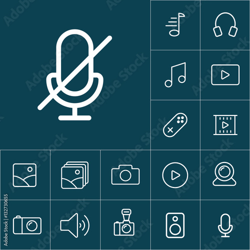 thin line microphone, mic mute icon on blue background, multimed photo