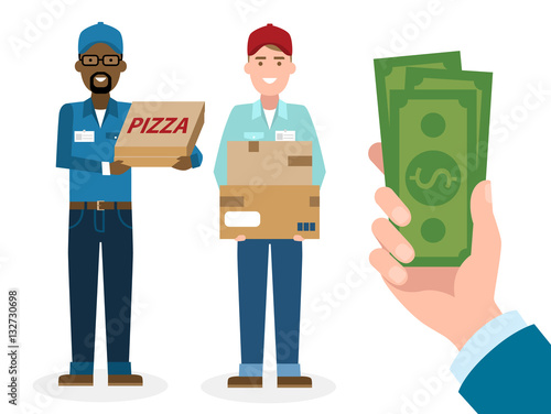 Money for delivery. Handsome male cartoon character. Delivery man gets money. Happy smiling supplier or delivery aget.