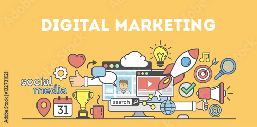 Digital marketing concept poster. Digital design. Social network and media communication. Creative icons.