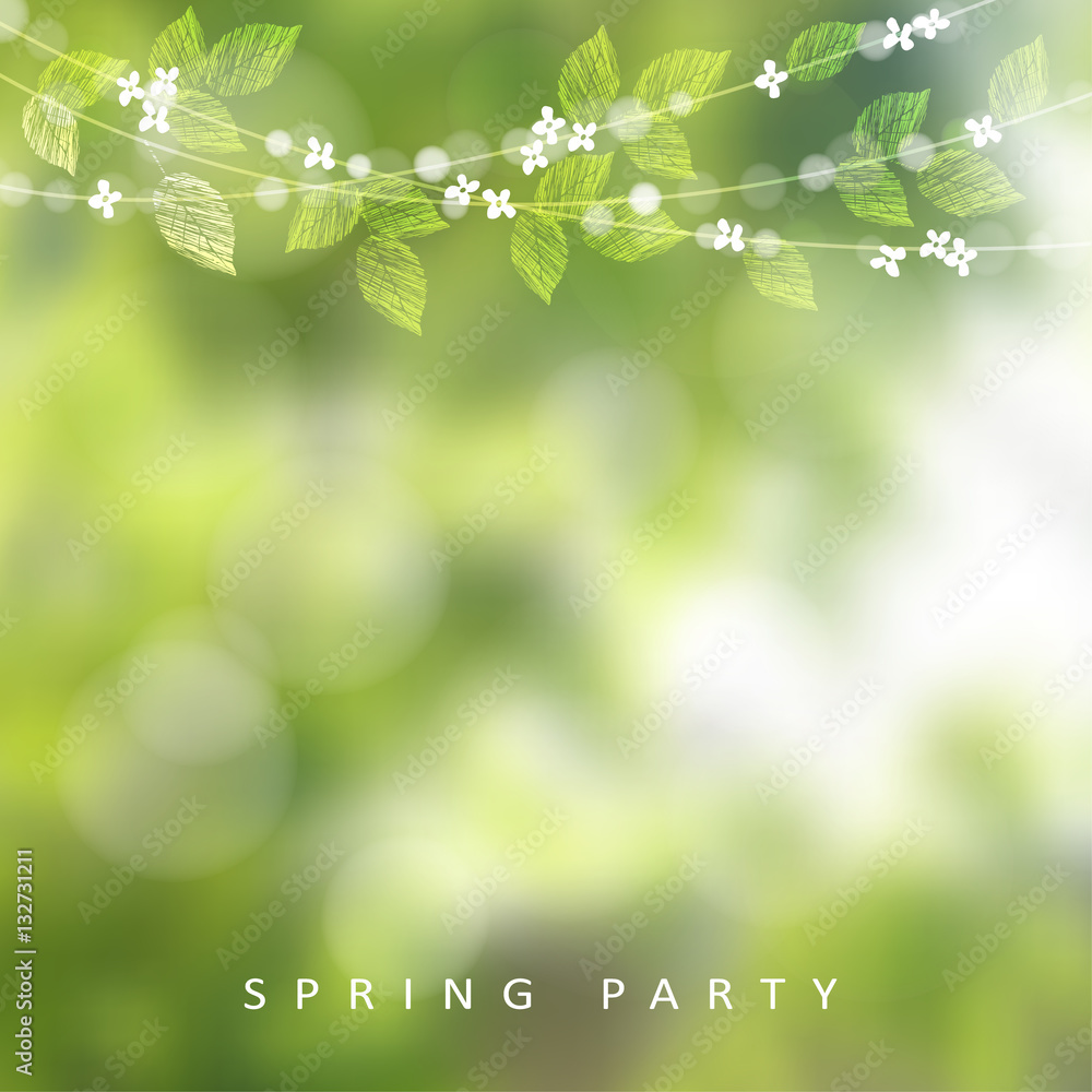 Fototapeta premium Spring greeting card, invitation. String of lights, leaves and cherry blossoms. Modern blurred background, garden party decoration.