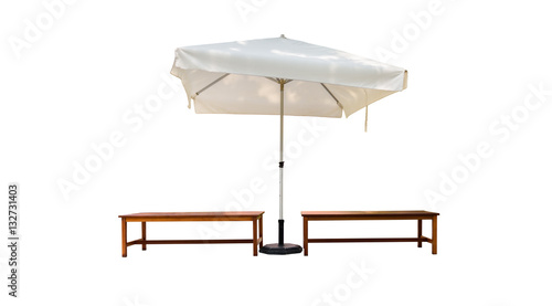 Two Wooden bench and umbrella isolated over white background