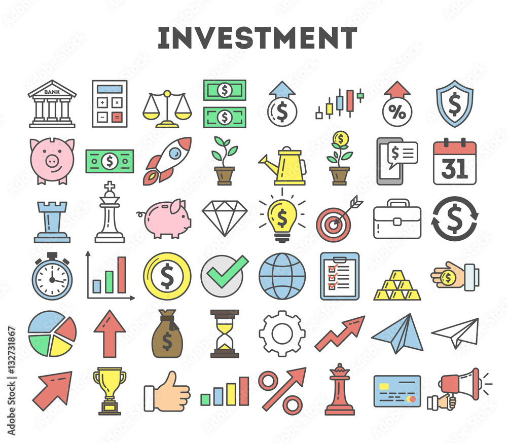 Investment icons set on white background. Colorful creative icons as piggy bank, arrows, gear, money and rocket. Investment icons set on white background. Colorful creative icons as piggy bank, arrows, gear, money and rocket.