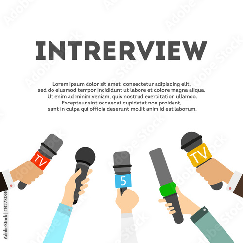 Interview concept with microphones on white background. Newsmakers and interviewers. Different tv signs. Hands holding devices.
