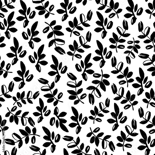 Seamless pattern with hand drawn branches. Black and white flora