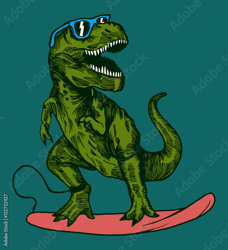 Fototapeta Naklejka Na Ścianę i Meble -  happy dinosaur surfer wearing sunglasses drawing.