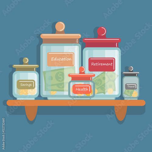 Jars with money on the shelves. Concept of savings, banking and investment.