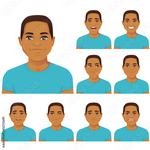Attractive young man with different facial expressions set isolated