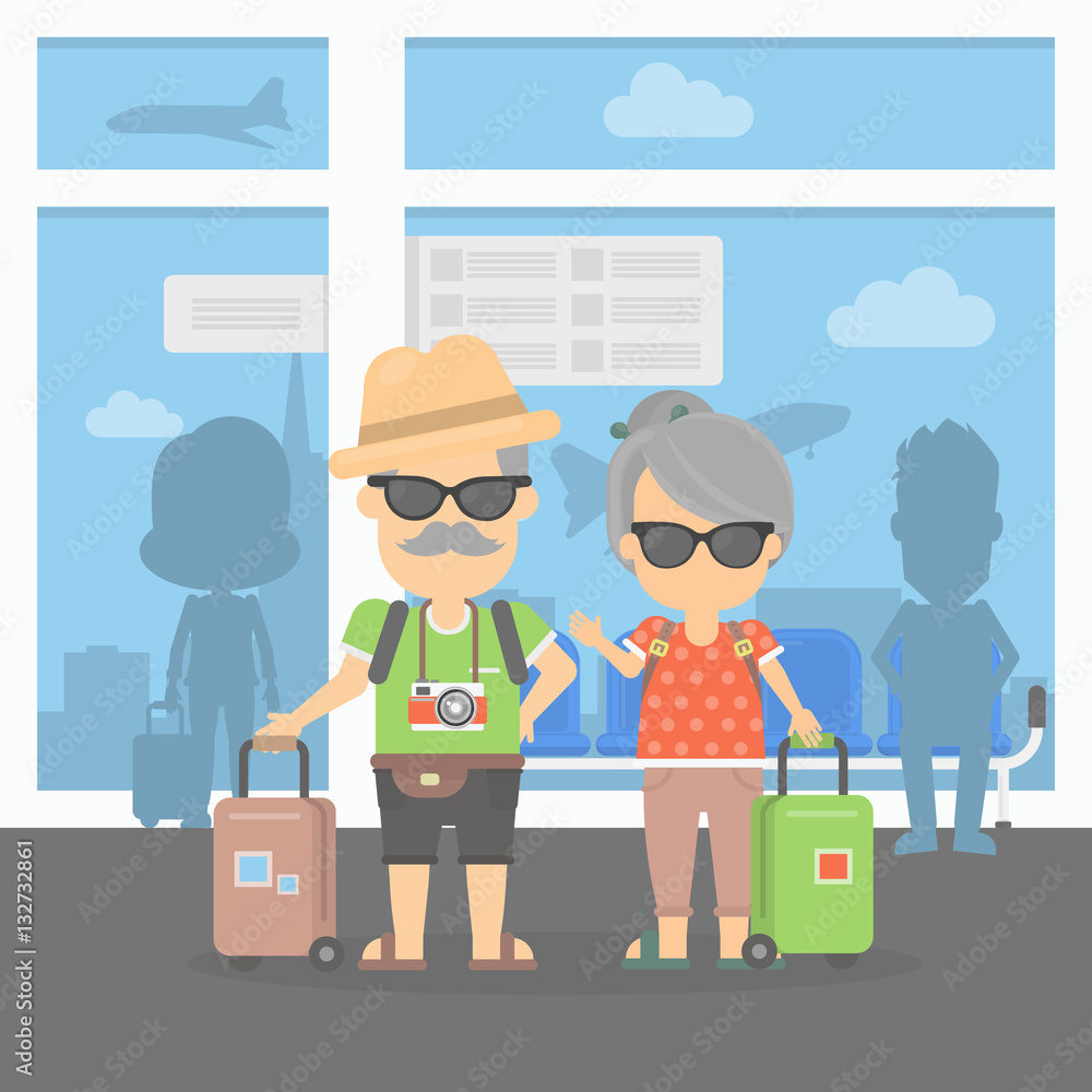 Isolated retired couple on vacation. Happy funny grandparents with cameras and suitcases. Couple in the airport.