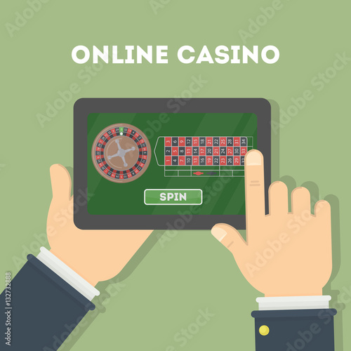 Online casino in the tablet. Hands holding device with gambling game. Gaming addiction.