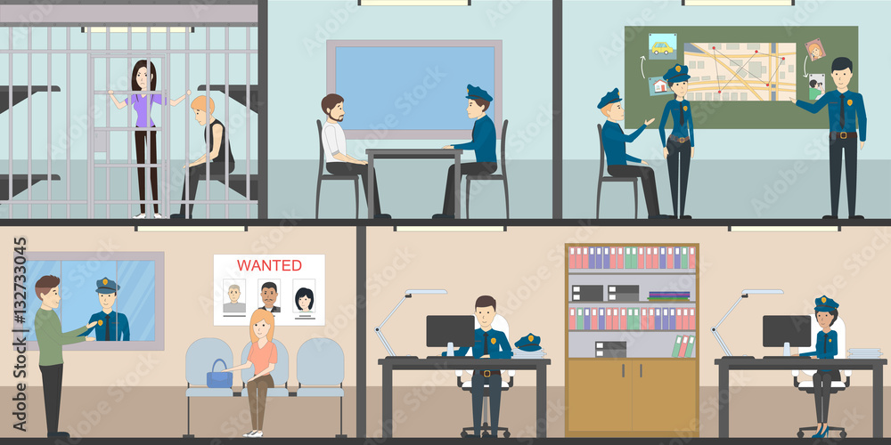 Police station interior set with rooms. Office room, witness interview room, prison cell and receiving desk. Police station interior set with rooms. Office room, witness interview room, prison cell and receiving desk.