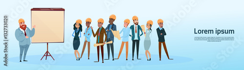 Builder Team Architect Mix Race Workers Presentation Flip Chart Training Conference Meeting Flat Vector Illustration