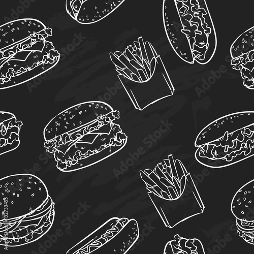 Fast food pattern including seamless on a black background. Fast