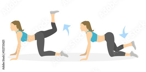 Donkey kicks exercise for legs on white background. Healthy lifestyle. Workout for legs. Exercises for women.