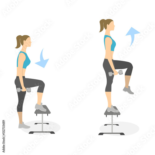 Stepup exercise for legs on white background. Healthy lifestyle. Workout for legs. Exercises for women.