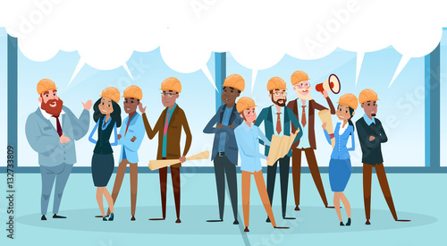Builder Team Architect Mix Race Workers Chat Communication Bubble Talking Discussing Communication Social Network Flat Vector Illustration