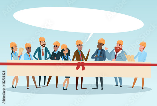 Builder Team Architect Mix Race Workers Chat Communication Bubble Talking Discussing Communication Social Network Flat Vector Illustration
