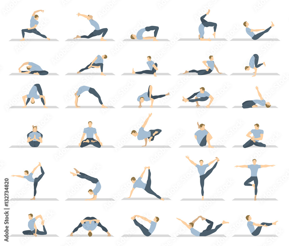 Yoga workout for men set on white background. Different poses and asanas.