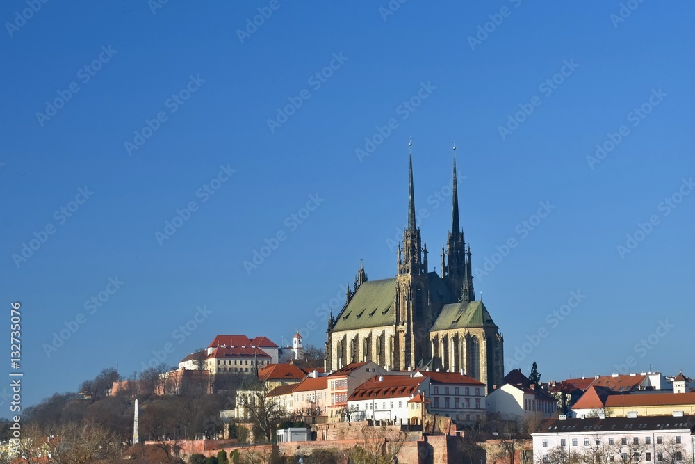 Brno - Czech Republic - Europe. Photo architectures sun and blue skies. Temple Petrov and Spilberk Castle.